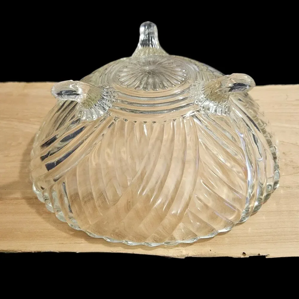 Vintage Clear Swirl Glass Footed Serving Bowl 8.75